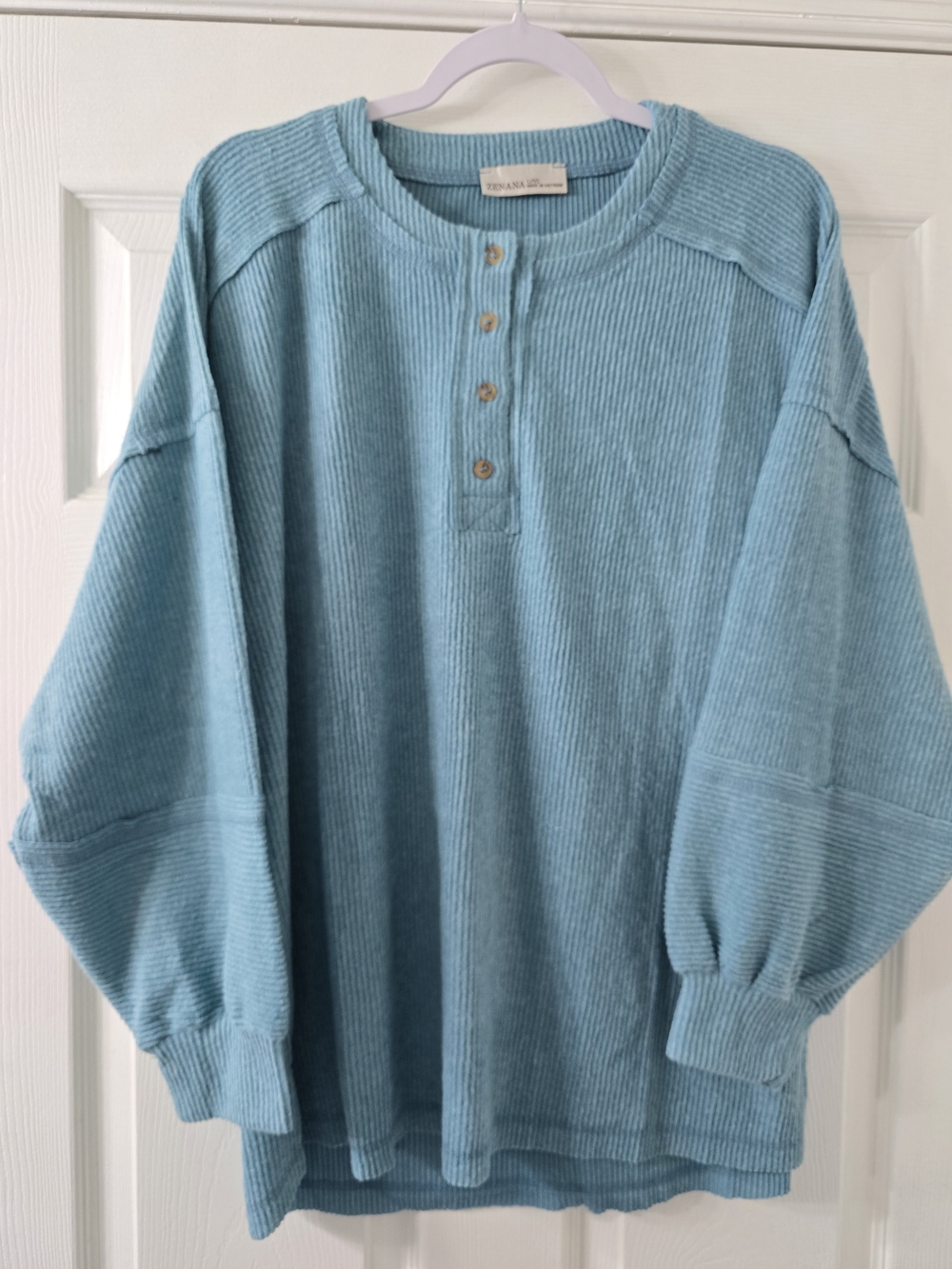 Zenana Teal Brushed Hacci Melange Henley Sweater - L/XL